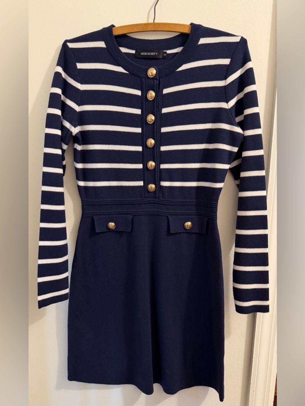 MEROKEETY Navy & White Striped Knit Dress with Gold Buttons